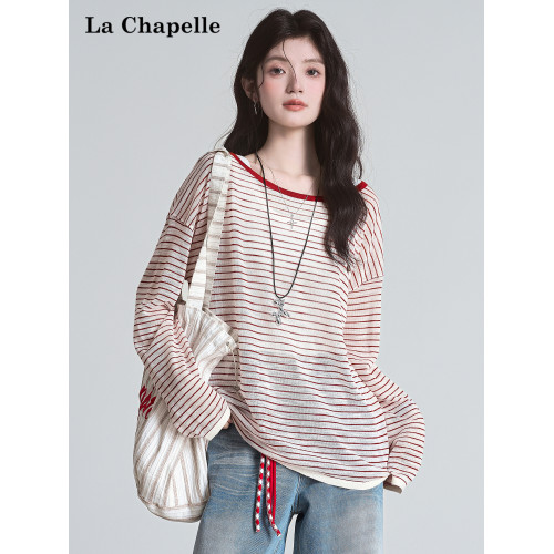 拉夏貝爾露背條紋長袖防曬罩衫T恤女2025夏季新款後背鏤空上衣