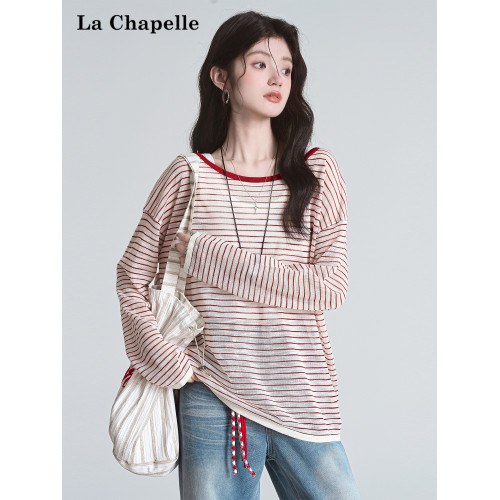 拉夏貝爾露背條紋長袖防曬罩衫T恤女2025夏季新款後背鏤空上衣