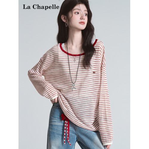 拉夏貝爾露背條紋長袖防曬罩衫T恤女2025夏季新款後背鏤空上衣