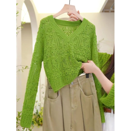 鉤花針織衫純色鏤空百搭寬鬆2025秋季長袖法式通勤上衣休閒慵懶風