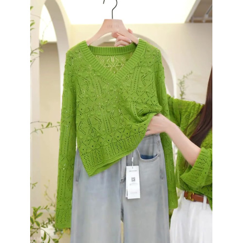 鉤花針織衫純色鏤空百搭寬鬆2025秋季長袖法式通勤上衣休閒慵懶風