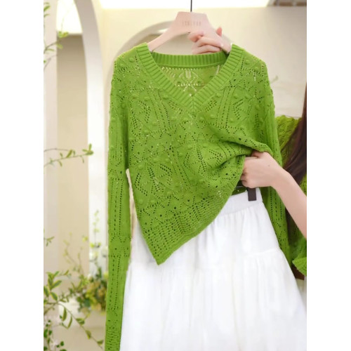 鉤花針織衫純色鏤空百搭寬鬆2025秋季長袖法式通勤上衣休閒慵懶風