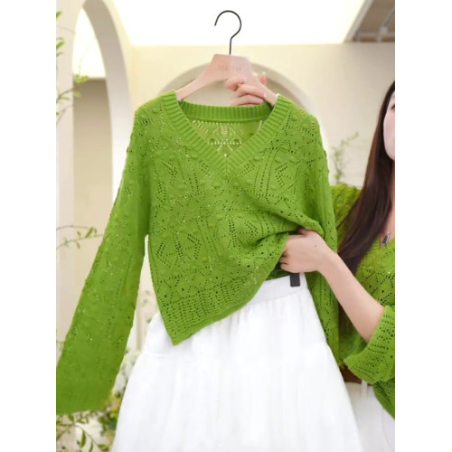 鉤花針織衫純色鏤空百搭寬鬆2025秋季長袖法式通勤上衣休閒慵懶風