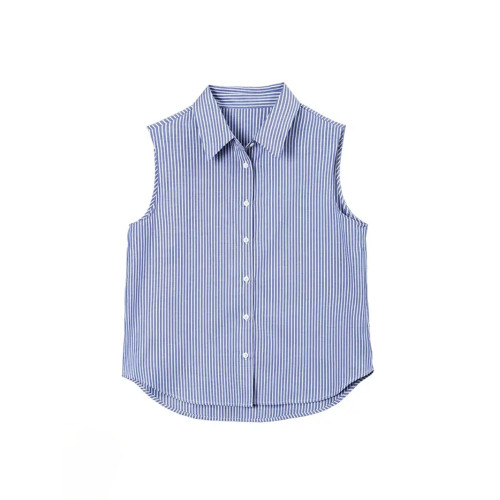 秋冬【四季曡搭】曡穿條紋繙領無袖襯衫背心內搭萬能顯瘦襯衣馬甲