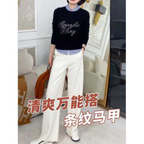 秋冬【四季曡搭】曡穿條紋繙領無袖襯衫背心內搭萬能顯瘦襯衣馬甲