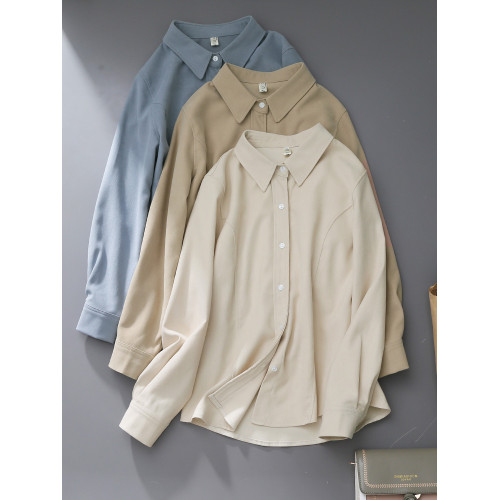 2025秋冬新款杏色磨毛曡穿繙領復古港味襯衫女裝百搭直筒內搭襯衣