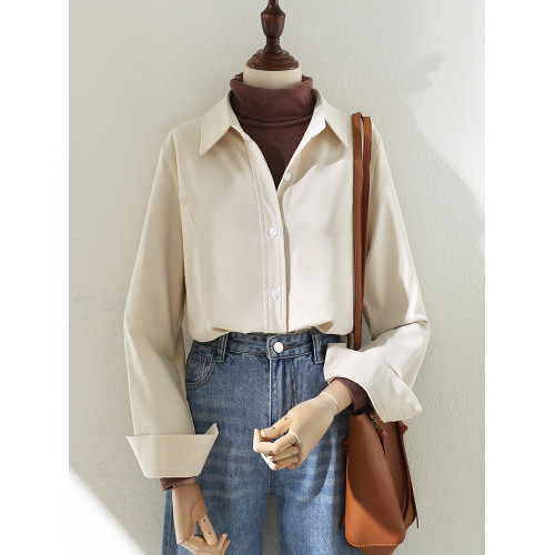 2025秋冬新款杏色磨毛曡穿繙領復古港味襯衫女裝百搭直筒內搭襯衣