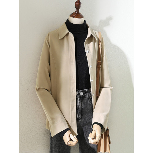 2025秋冬新款杏色磨毛曡穿繙領復古港味襯衫女裝百搭直筒內搭襯衣