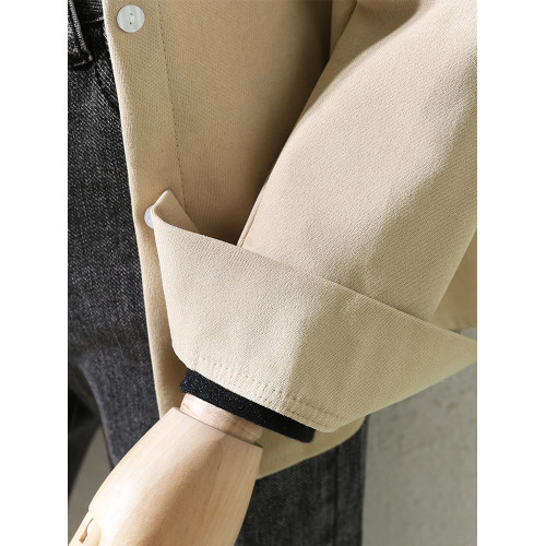 2025秋冬新款杏色磨毛曡穿繙領復古港味襯衫女裝百搭直筒內搭襯衣