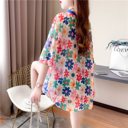 高級垂感中長款冰絲薄款防曬t恤女短袖寬鬆夏季清涼微透花朵上衣