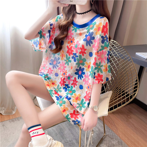 高級垂感中長款冰絲薄款防曬t恤女短袖寬鬆夏季清涼微透花朵上衣