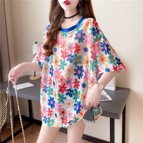 高級垂感中長款冰絲薄款防曬t恤女短袖寬鬆夏季清涼微透花朵上衣