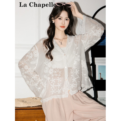 拉夏貝爾韓系刺綉連帽透氣防曬襯衫女2025夏季新長袖襯衣薄款上衣