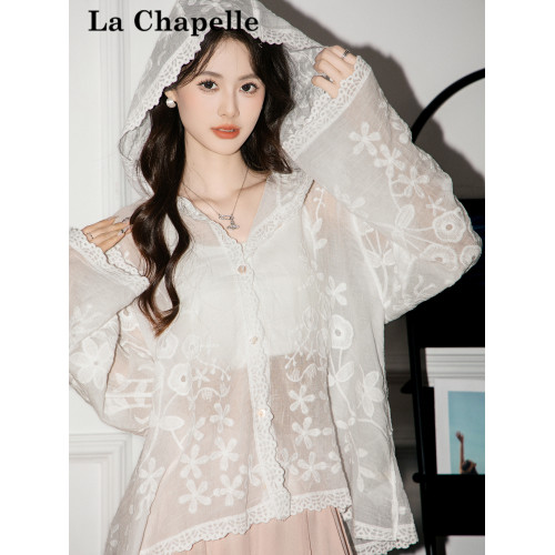 拉夏貝爾韓系刺綉連帽透氣防曬襯衫女2025夏季新長袖襯衣薄款上衣