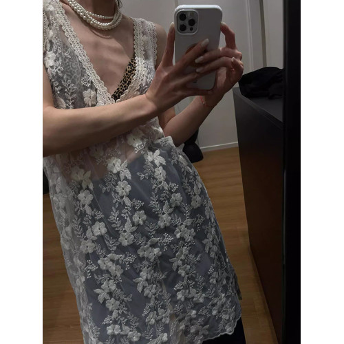吊帶背心女內搭韓系曡穿網紗裙罩衫夏季設計感蕾絲拼接中長款上衣