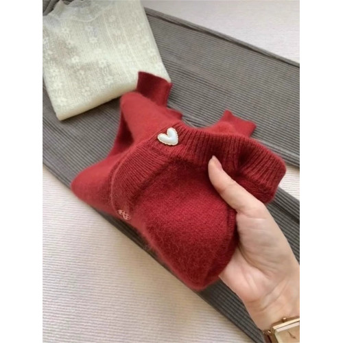 歐貨高級感小熊刺綉紅色針織開衫外套秋冬慵懶風寬鬆新年洋氣毛衣