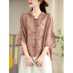 出口日單外單苧麻襯衫國風立領中式盤釦復古文藝寬鬆印花上衣