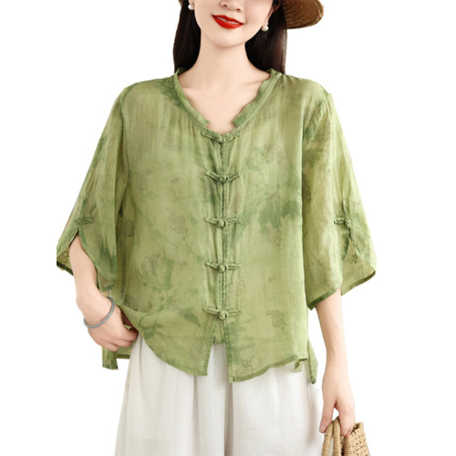 出口日單外單苧麻襯衫國風立領中式盤釦復古文藝寬鬆印花上衣