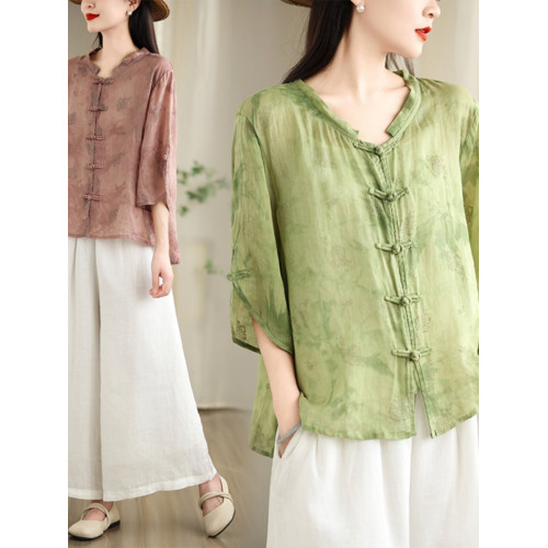 出口日單外單苧麻襯衫國風立領中式盤釦復古文藝寬鬆印花上衣