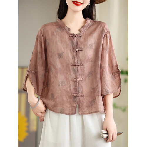 出口日單外單苧麻襯衫國風立領中式盤釦復古文藝寬鬆印花上衣