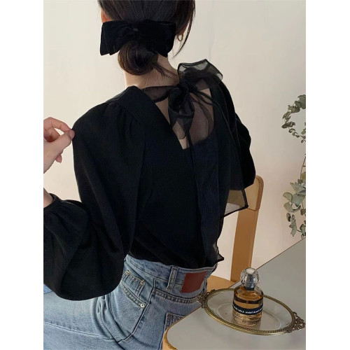 韓版溫柔風高級感洋氣氣質甜美百搭長袖方領綁帶蝴蝶結襯衫上衣女