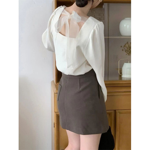 韓版溫柔風高級感洋氣氣質甜美百搭長袖方領綁帶蝴蝶結襯衫上衣女