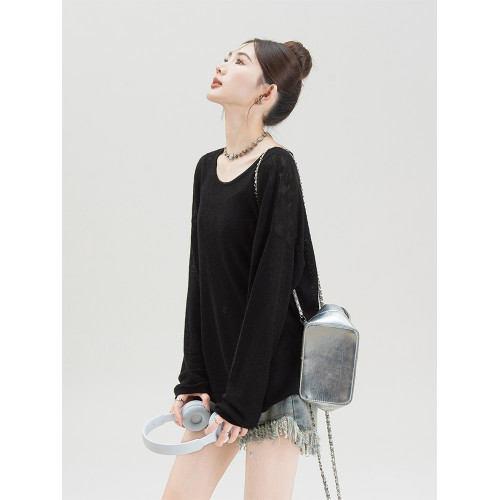 黑色薄款防曬罩衫長袖t恤女夏季2026新款慵懶松弛感交叉露背上衣