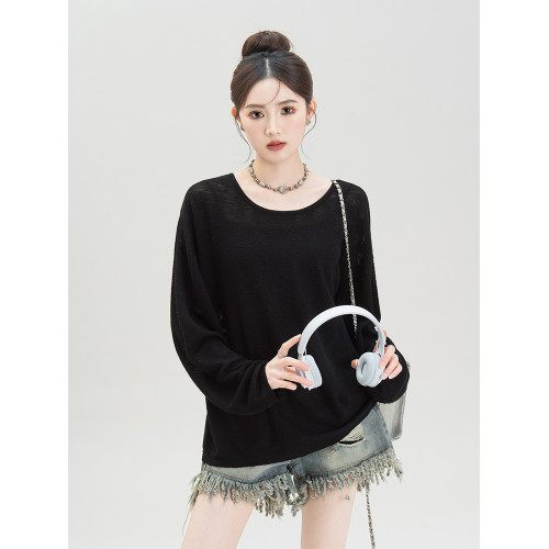 黑色薄款防曬罩衫長袖t恤女夏季2026新款慵懶松弛感交叉露背上衣