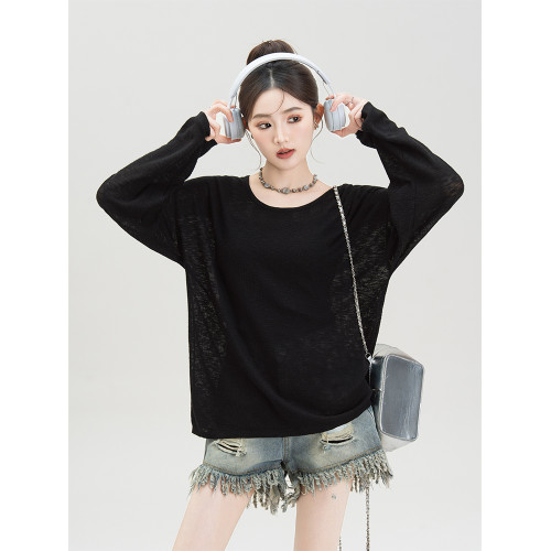 黑色薄款防曬罩衫長袖t恤女夏季2026新款慵懶松弛感交叉露背上衣