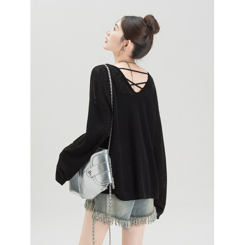 黑色薄款防曬罩衫長袖t恤女夏季2026新款慵懶松弛感交叉露背上衣