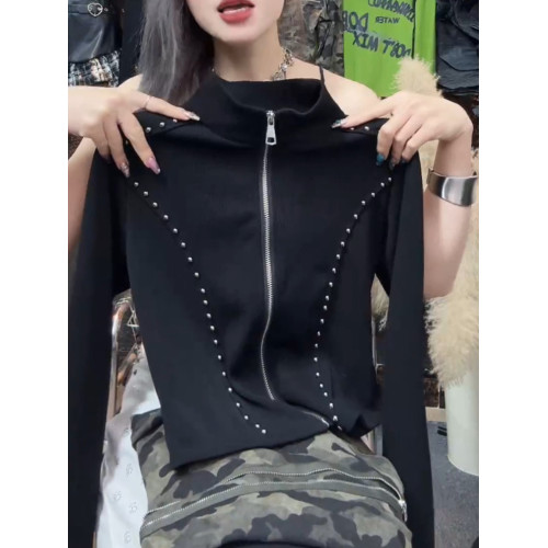 今年新款2026秋季美式高級感韓版小個子拉鍊立領短款黑色時尚上衣