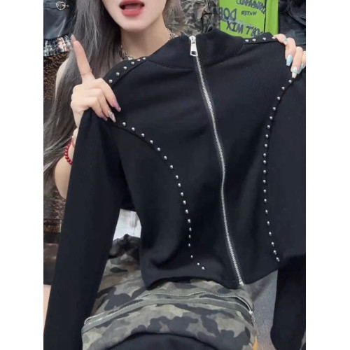 今年新款2026秋季美式高級感韓版小個子拉鍊立領短款黑色時尚上衣
