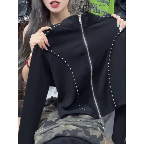 今年新款2026秋季美式高級感韓版小個子拉鍊立領短款黑色時尚上衣