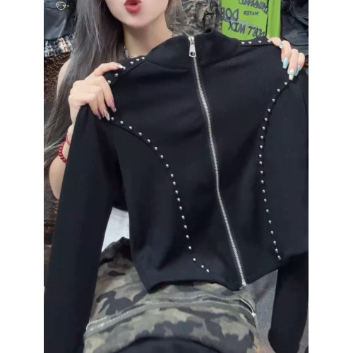 今年新款2026秋季美式高級感韓版小個子拉鍊立領短款黑色時尚上衣