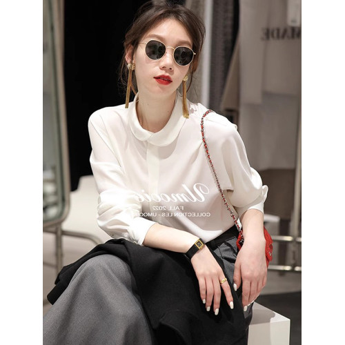 春秋法式高級感白色雪紡襯衫女設計感小衆職業襯衣內搭娃娃領上衣