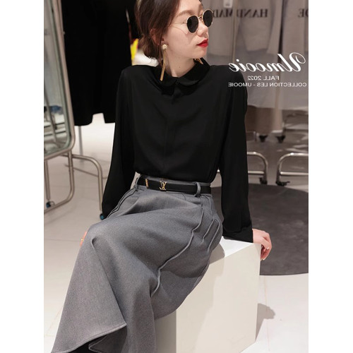 春秋法式高級感白色雪紡襯衫女設計感小衆職業襯衣內搭娃娃領上衣