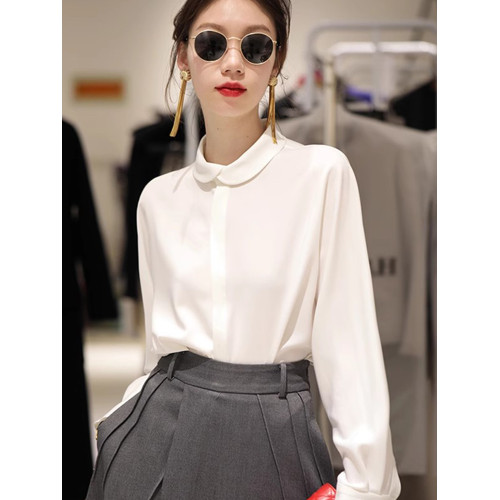 春秋法式高級感白色雪紡襯衫女設計感小衆職業襯衣內搭娃娃領上衣