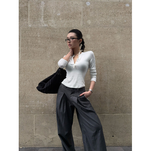 HunterGirl 格雷系排釦亨利衫高級美式簡約顯瘦彈力打底上衣長袖