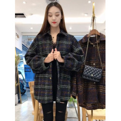 港風復古加厚毛呢中長款格子襯衫女秋冬時尚百搭休閒磨毛襯衣外套