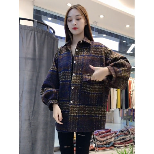 港風復古加厚毛呢中長款格子襯衫女秋冬時尚百搭休閒磨毛襯衣外套