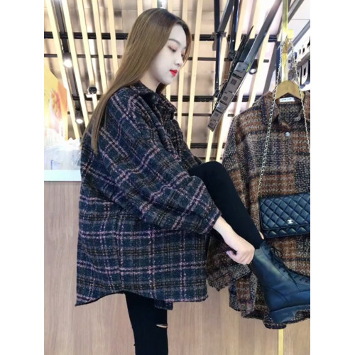 港風復古加厚毛呢中長款格子襯衫女秋冬時尚百搭休閒磨毛襯衣外套