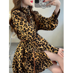 豹紋立領時尚襯衫女2024新款上衣顯瘦編繩系帶收腰長袖洋氣小衫秋