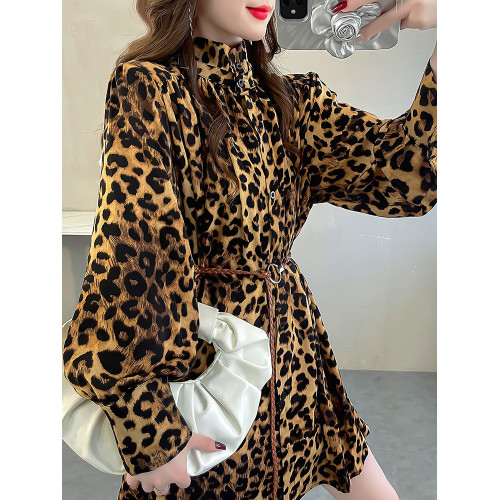 豹紋立領時尚襯衫女2024新款上衣顯瘦編繩系帶收腰長袖洋氣小衫秋