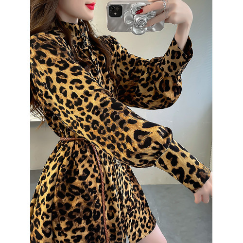 豹紋立領時尚襯衫女2024新款上衣顯瘦編繩系帶收腰長袖洋氣小衫秋