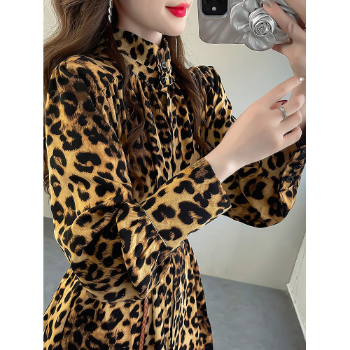 豹紋立領時尚襯衫女2024新款上衣顯瘦編繩系帶收腰長袖洋氣小衫秋