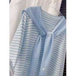 多巴胺藍色條紋披肩長袖罩衫女2025早秋新款韓系穿搭薄款防曬上衣