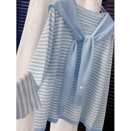 多巴胺藍色條紋披肩長袖罩衫女2025早秋新款韓系穿搭薄款防曬上衣