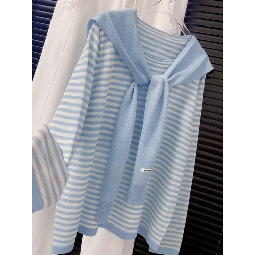 多巴胺藍色條紋披肩長袖罩衫女2025早秋新款韓系穿搭薄款防曬上衣