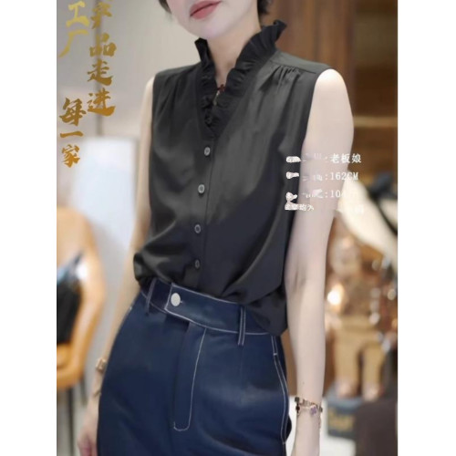 大碼白色襯衫無袖背心2026春夏季胖MM法式荷葉V領內搭曡穿上衣春