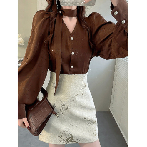 高級感獨特絕美襯衫女長袖秋季新款掛脖亮片雪紡小衫顯瘦系帶上衣